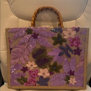 Purple Floral Tote Bag with Bamboo Handles